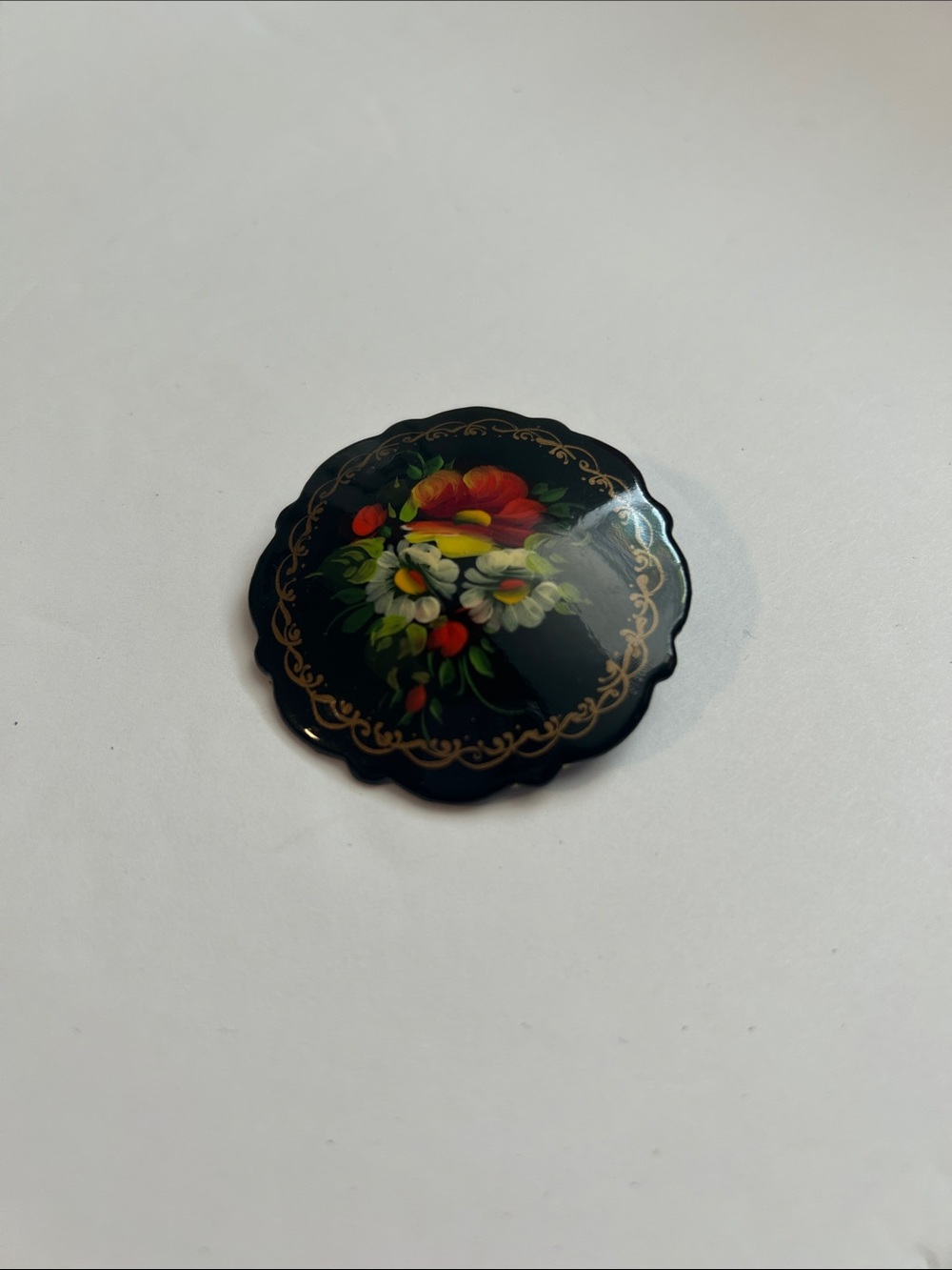 Black Floral Russian Lacquer Button Brooch - Hand-Painted Bloom